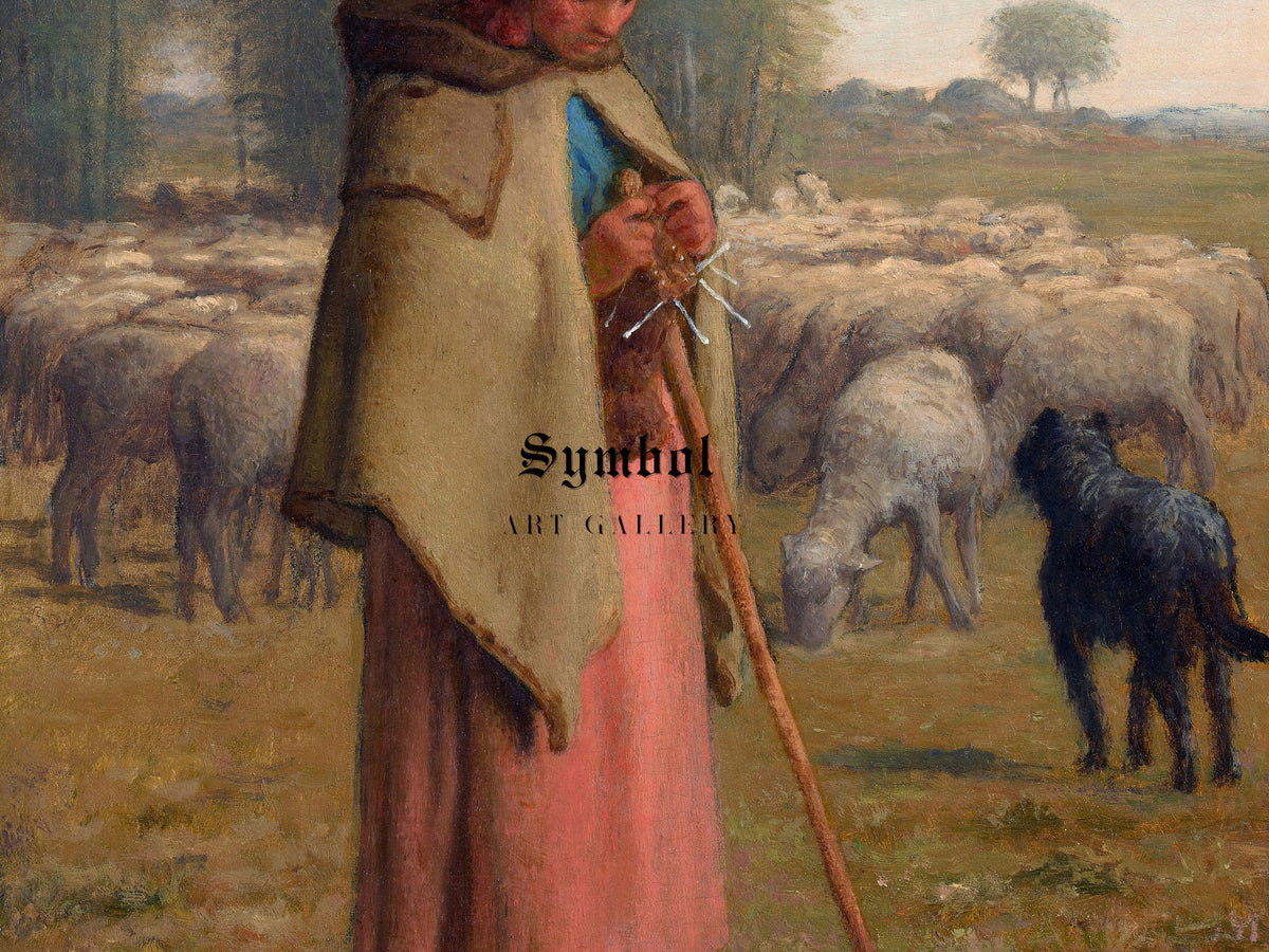 Young Girl Guarding Her Sheep by Jean Francois Millet 1860, Wall Art Print, Fine Art Reproduction, Museum Quality Decor, Poster