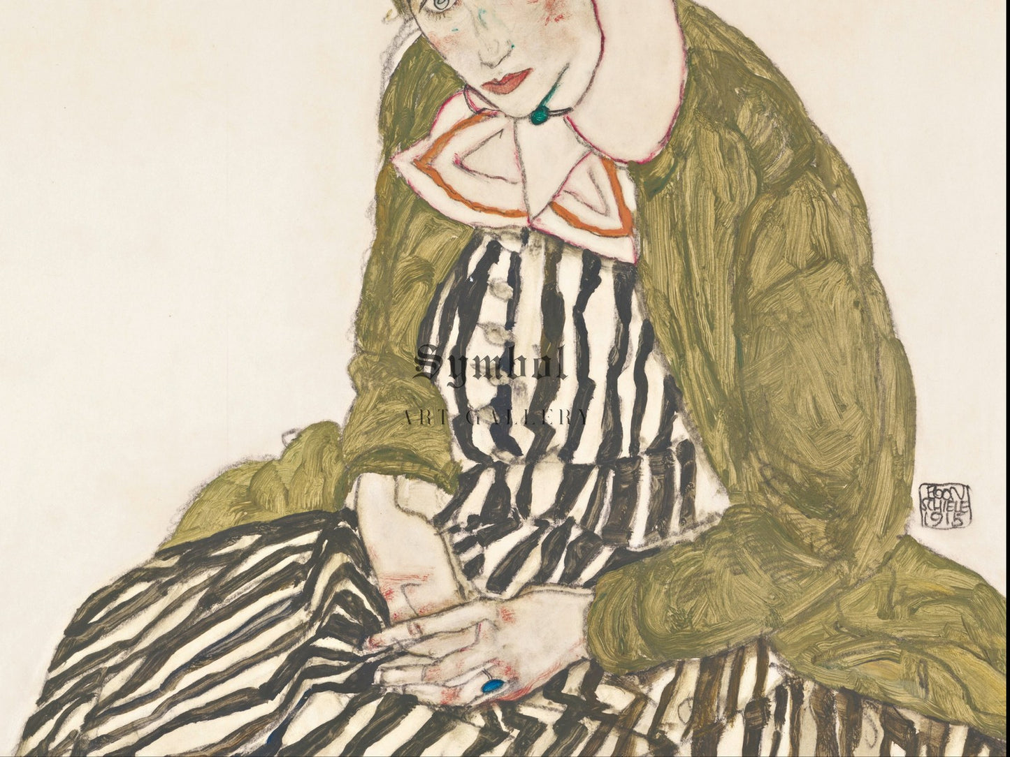 Edith with Striped Dress Sitting by Egon Schiele 1915, Wall Art Print, Fine Art Reproduction, Museum Quality Decor, Poster