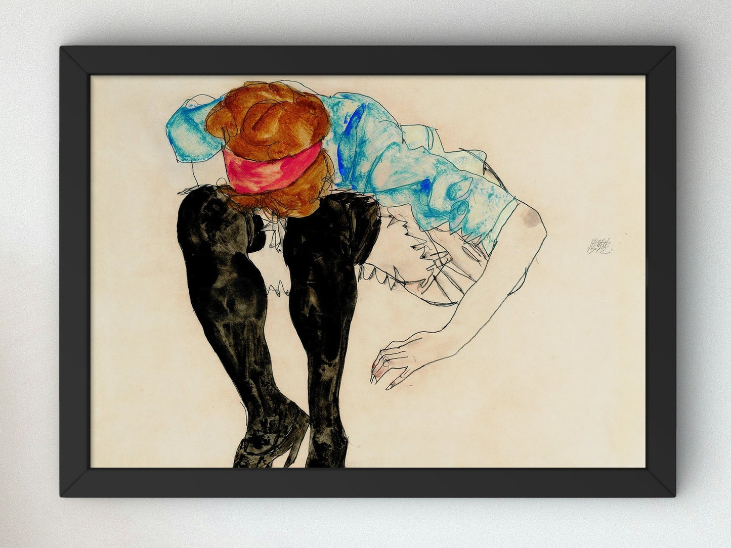 Blond Girl Leaning Forward with Black Stockings by Egon Schiele 1912, Wall Art Print, Fine Art Reproduction, Museum Quality Decor, Poster