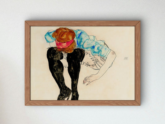 Blond Girl Leaning Forward with Black Stockings by Egon Schiele 1912, Wall Art Print, Fine Art Reproduction, Museum Quality Decor, Poster