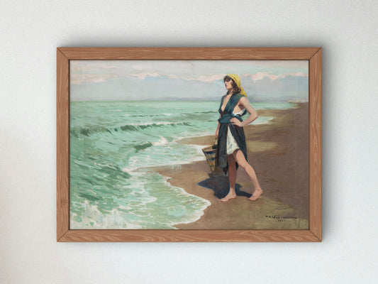 Girl Waiting for the Fisherman by Feliks Wygrzywalski 1922, Wall Art Print, Fine Art Reproduction, Museum Quality Decor, Poster