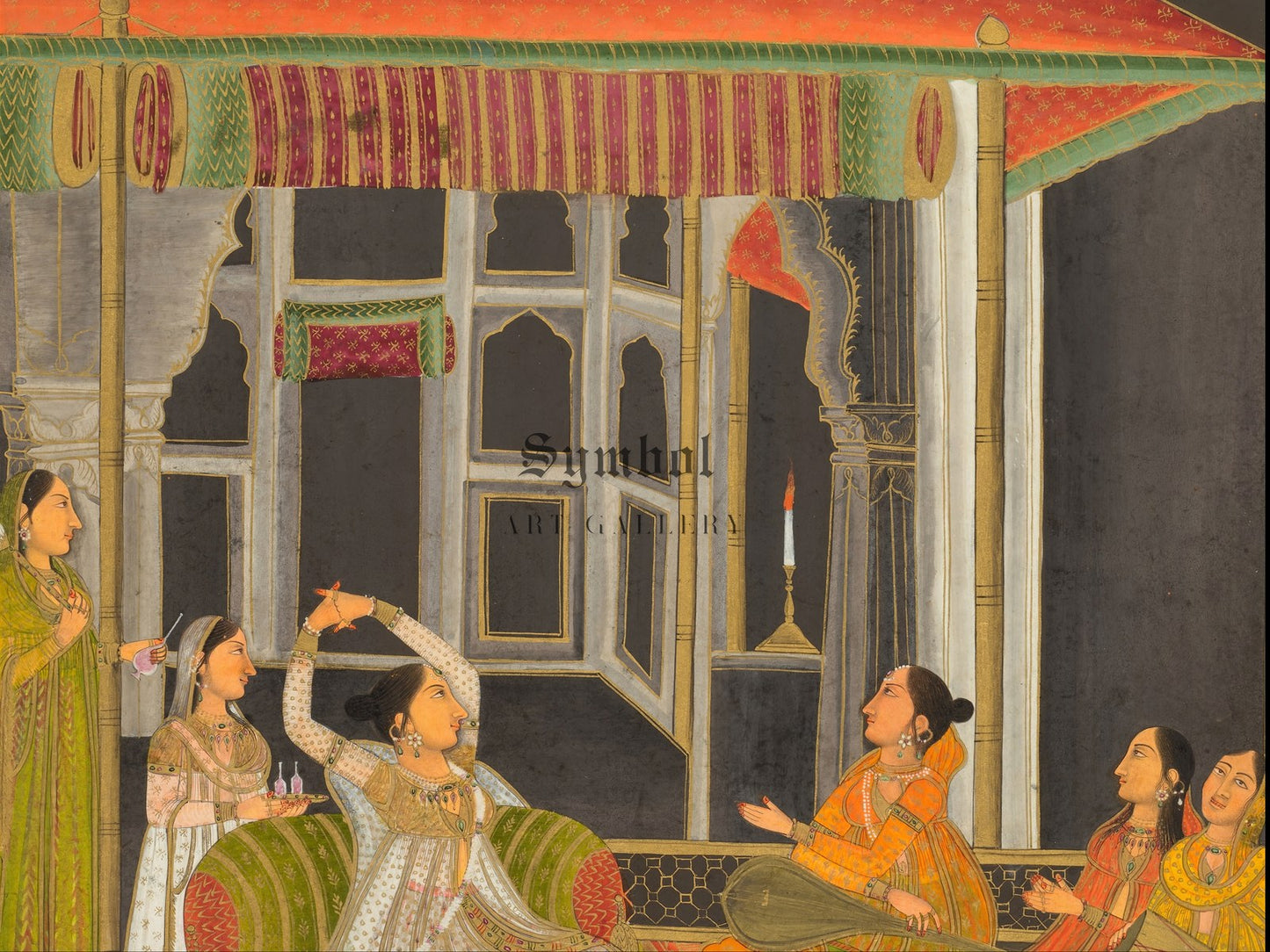 A Princess on a Terrace with Attendants at Night by Unknown Mughal School 1760, Wall Art Print, Fine Art Reproduction, Museum Quality Decor