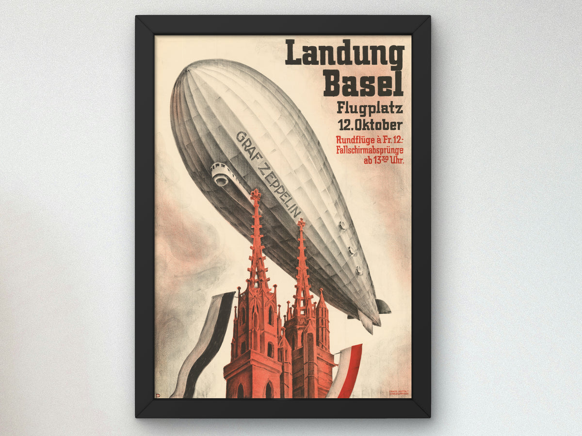Graf Zeppelin Landing Basel by Otto Plattner 1930, Wall Art Print, Fine Art Reproduction, Museum Quality Decor, Poster