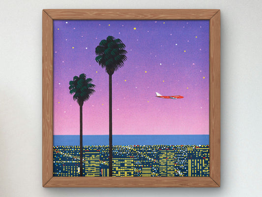 Downtown Sunset Aircraft by Hiroshi Nagai, Art Print, Vaporwave, Synthwave, Japan Art, Museum Quality Poster, 80s Aesthetic Art