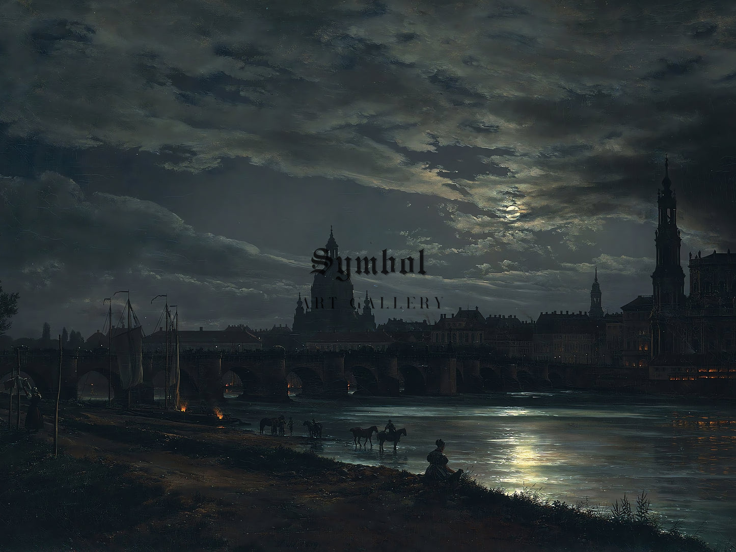 Vue de Dresde au clair de lune by Johan Christian Dahl 1839, Museum Quality Oil Painting Print, Classical Art home decor, Housewarming gift