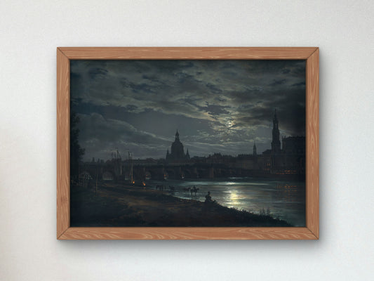 Vue de Dresde au clair de lune by Johan Christian Dahl 1839, Museum Quality Oil Painting Print, Classical Art home decor, Housewarming gift