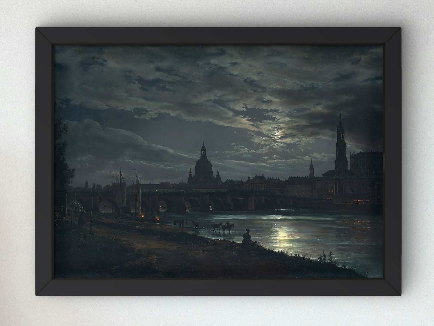 Vue de Dresde au clair de lune by Johan Christian Dahl 1839, Museum Quality Oil Painting Print, Classical Art home decor, Housewarming gift