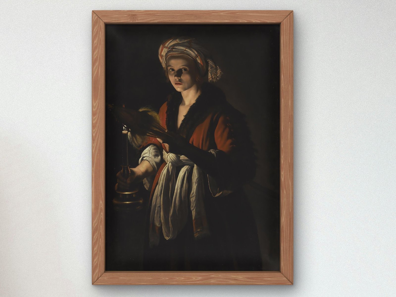 Young Woman Holding a Distaff Before a Lit Candle by Adam de Coster, 1630, Baroque and Chiaroscuro, fine art print