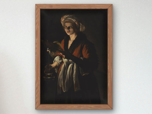 Young Woman Holding a Distaff Before a Lit Candle by Adam de Coster, 1630, Baroque and Chiaroscuro, fine art print