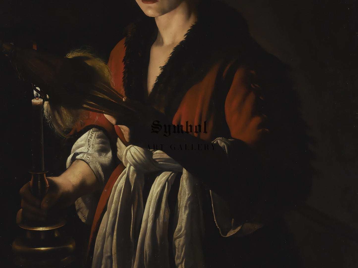 Young Woman Holding a Distaff Before a Lit Candle by Adam de Coster, 1630, Baroque and Chiaroscuro, fine art print