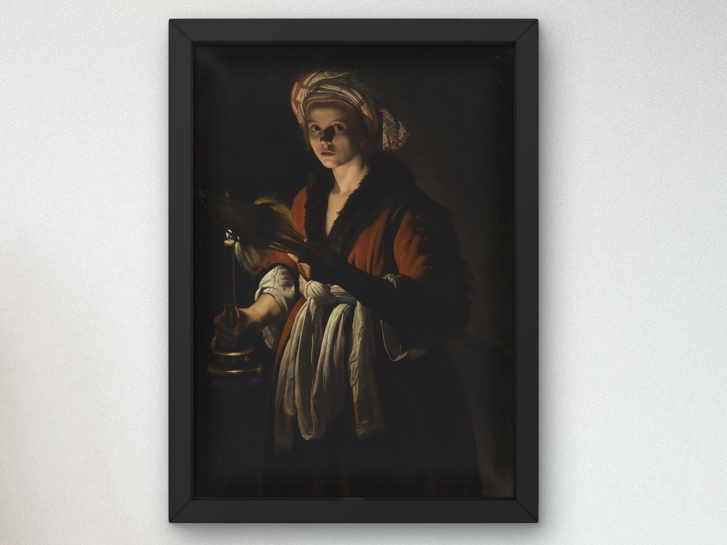 Young Woman Holding a Distaff Before a Lit Candle by Adam de Coster, 1630, Baroque and Chiaroscuro, fine art print