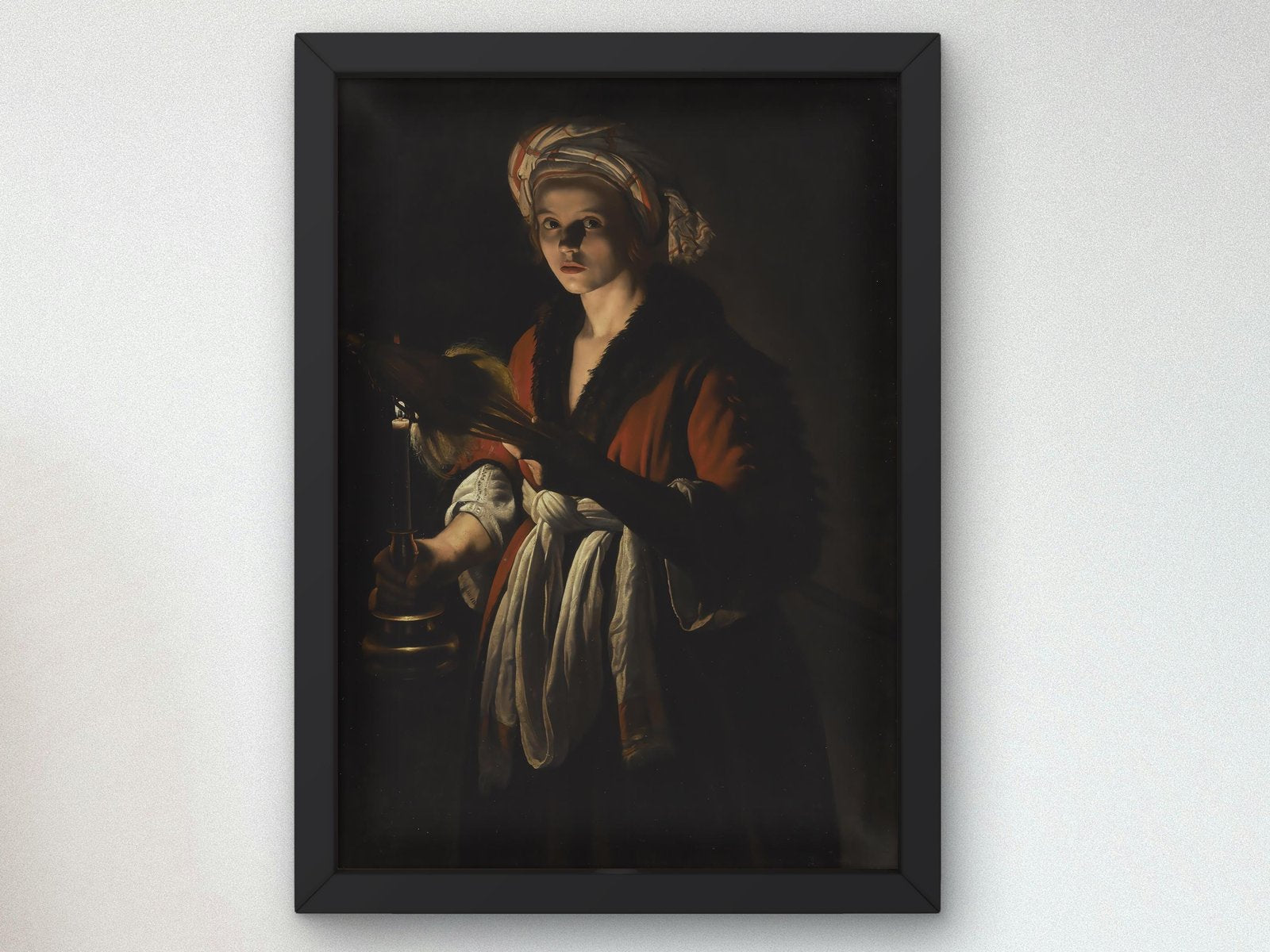 Young Woman Holding a Distaff Before a Lit Candle by Adam de Coster, 1630, Baroque and Chiaroscuro, fine art print