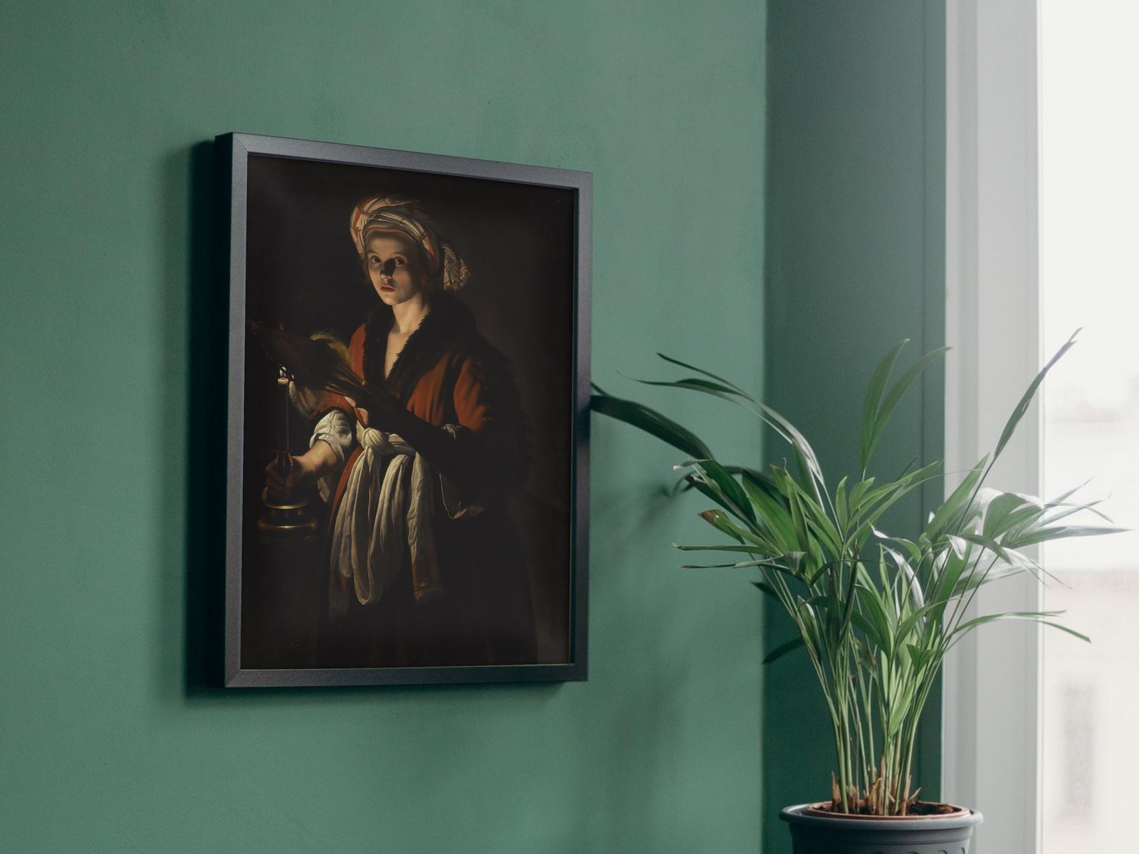 Young Woman Holding a Distaff Before a Lit Candle by Adam de Coster, 1630, Baroque and Chiaroscuro, fine art print