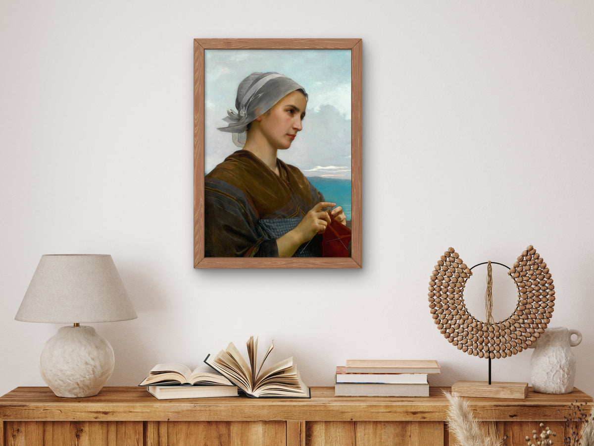 Breton Knitter by William Bouguereau 1871, Wall Art Print, Fine Art Reproduction, Museum Quality Decor, Poster