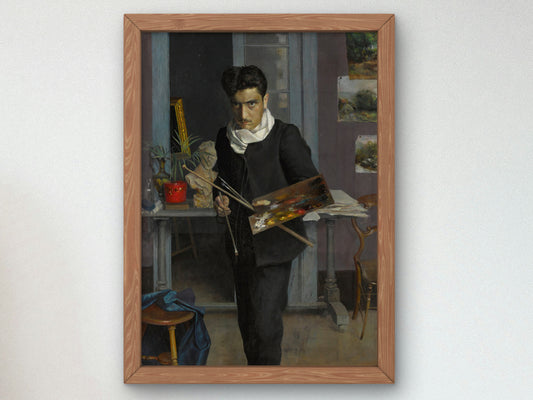 Self Portrait in the Studio by Julio Romero de Torres, Wall Art Print, Fine Art Reproduction, Museum Quality Decor, Poster