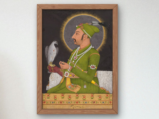 Posthumous portrait of the Mughal emperor Muhammad Shah holding a falcon by Muhammad Rizavi Hindi, Wall Art Print, Fine Art Reproduction