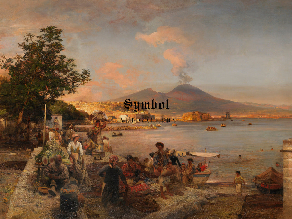 Market Scene near Naples with View of Vesuvius by Oswald Achenbach 1888, Wall Art Print, Fine Art Reproduction, Museum Quality Decor, Poster