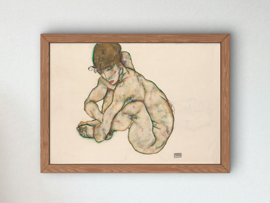 Crouching Nude Girl by Egon Schiele 1914, Wall Art Print, Fine Art Reproduction, Museum Quality Decor, Poster