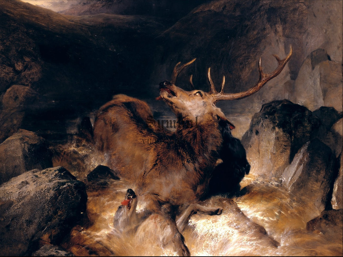 Deer and Deer Hounds in a Mountain Torrent by Edwin Landseer 1832, Wall Art Print, Fine Art Reproduction, Museum Quality Decor, Poster