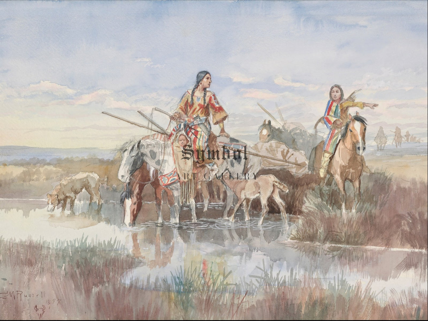 Indian Family with Travois by Charles Marion Russell 1897, Wall Art Print, Fine Art Reproduction, Museum Quality Decor, Poster