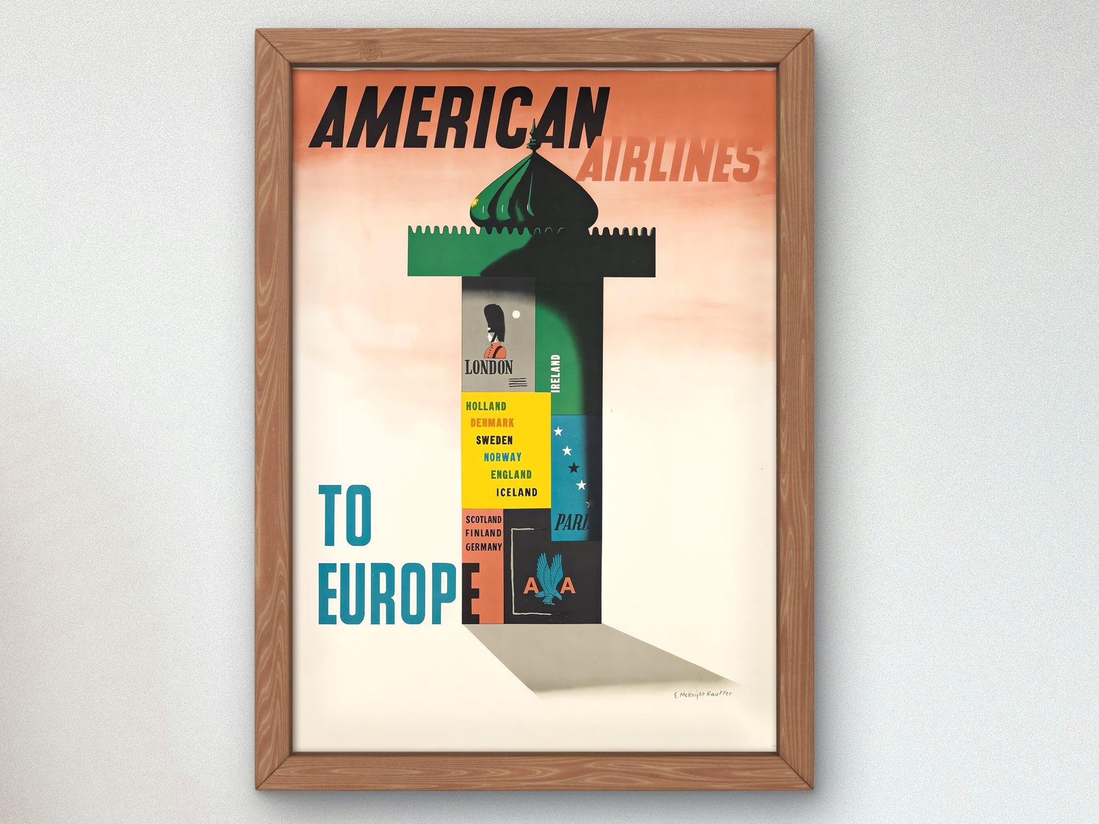 American Airlines to Europe by Edward McKnight Kauffer, 1947, Art Deco and American Modernism, fine art print