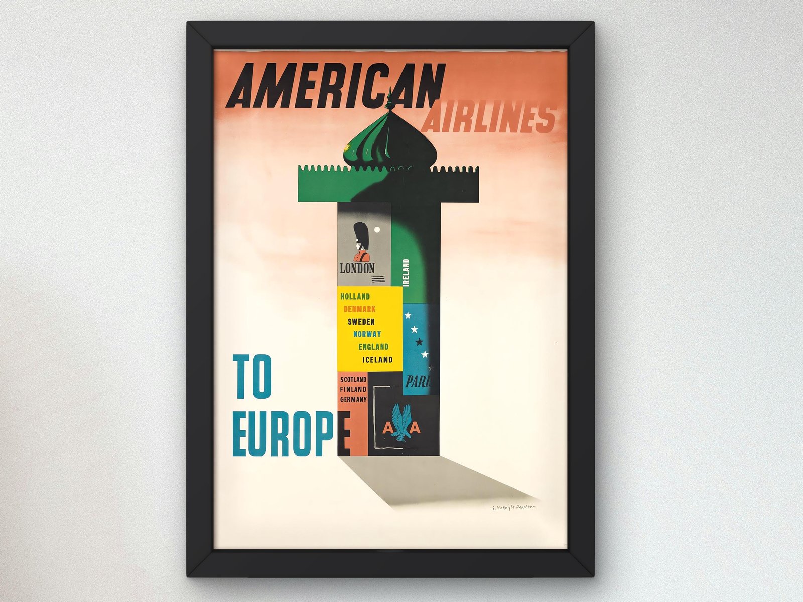 American Airlines to Europe by Edward McKnight Kauffer, 1947, Art Deco and American Modernism, fine art print