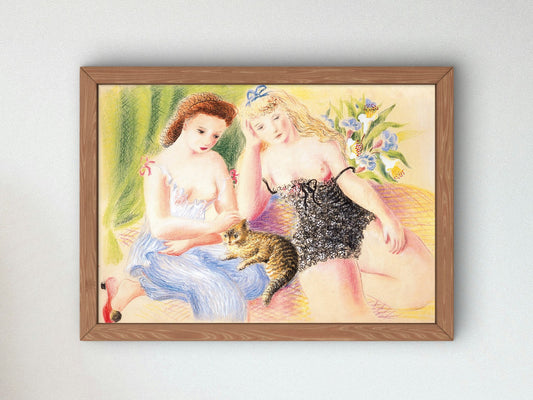 Two Women and a Cat by Ofelia Marques, Wall Art Print, Fine Art Reproduction, Museum Quality Decor, Poster