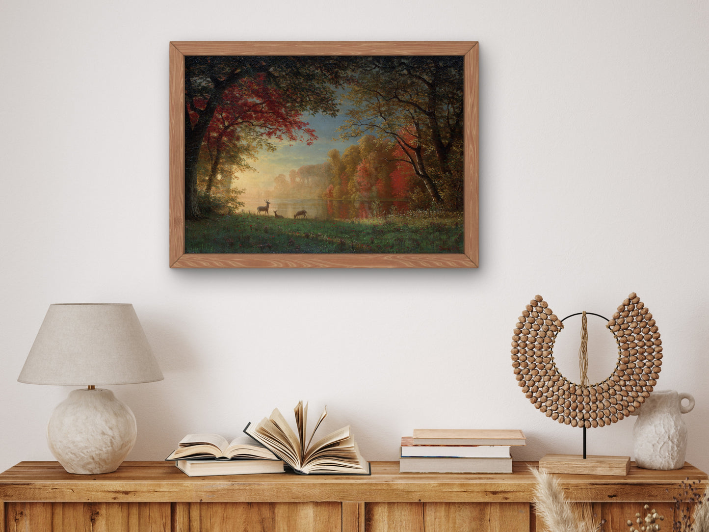 Indian Sunset, Deer by a Lake by Albert Bierstadt, Wall Art Print, Fine Art Reproduction, Museum Quality Decor, Poster