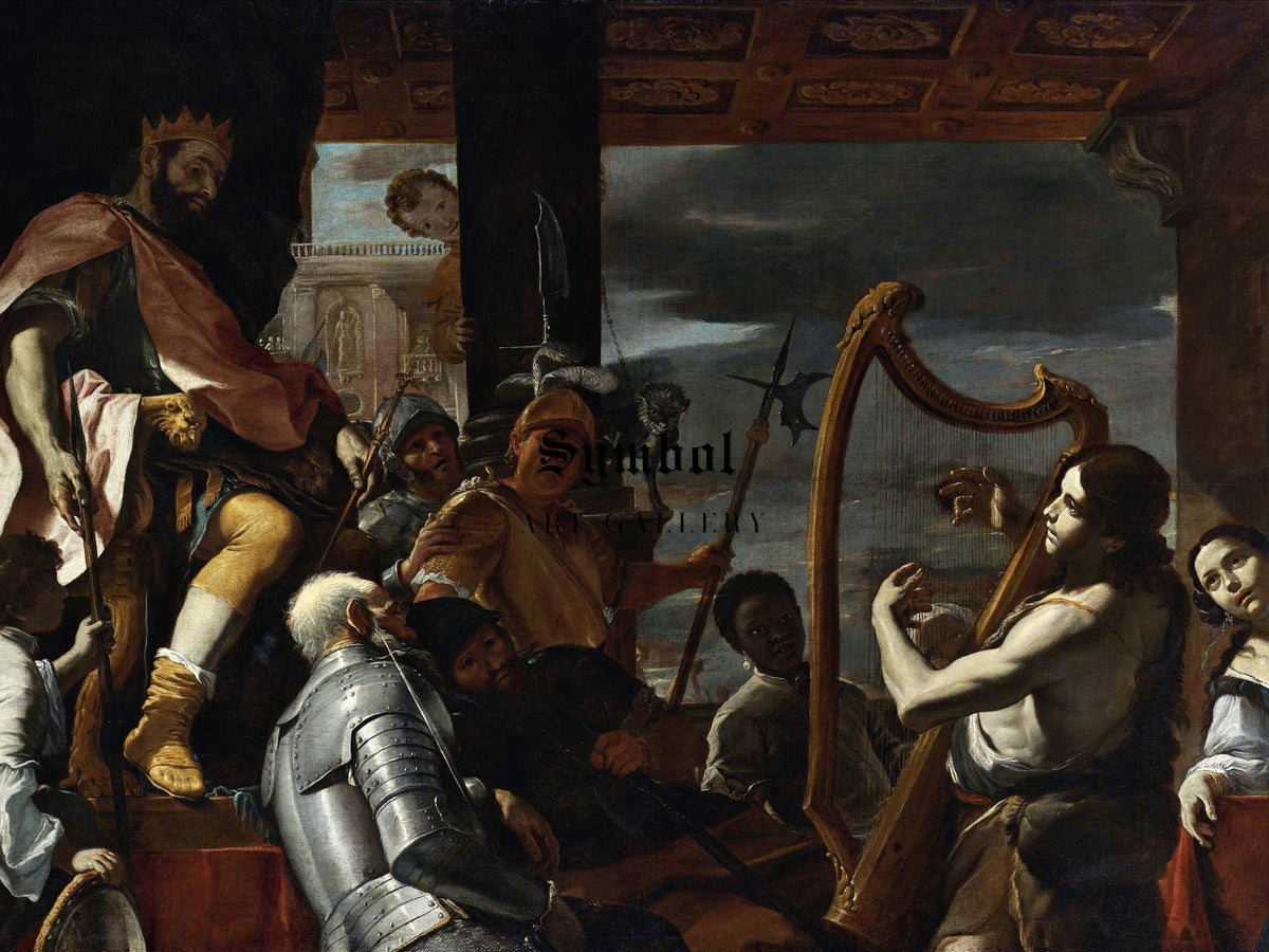 David Playing the Harp Before Saul by Mattia Preti, Wall Art Print, Fine Art Reproduction, Museum Quality Decor, Poster