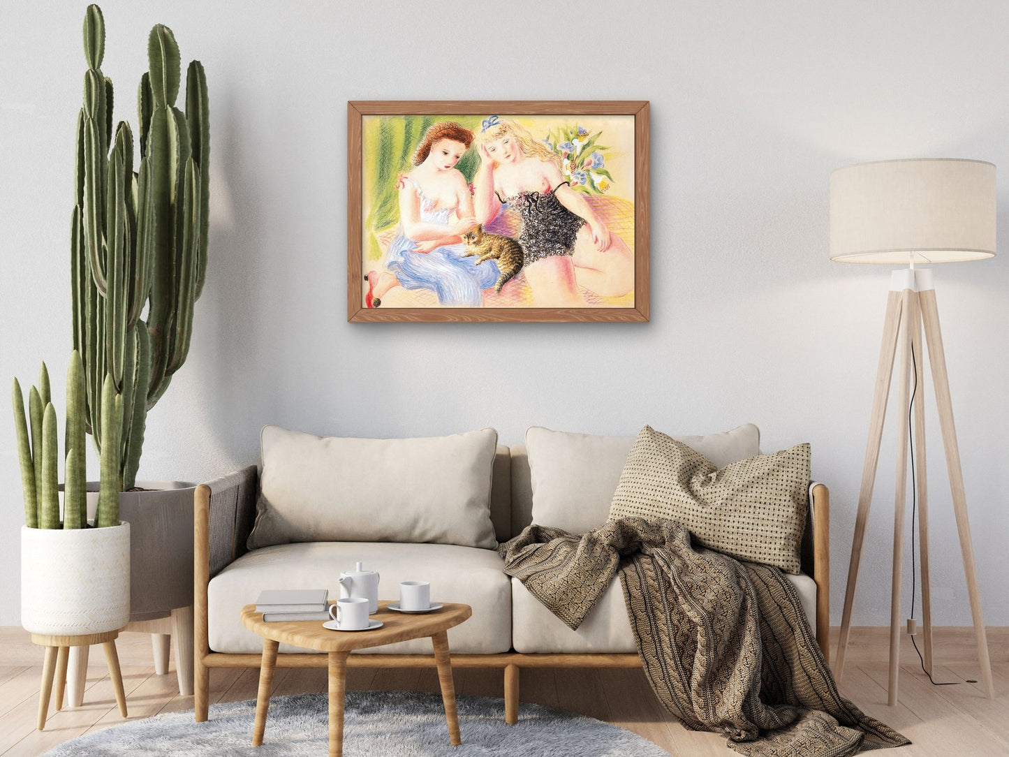 Two Women and a Cat by Ofelia Marques, Wall Art Print, Fine Art Reproduction, Museum Quality Decor, Poster