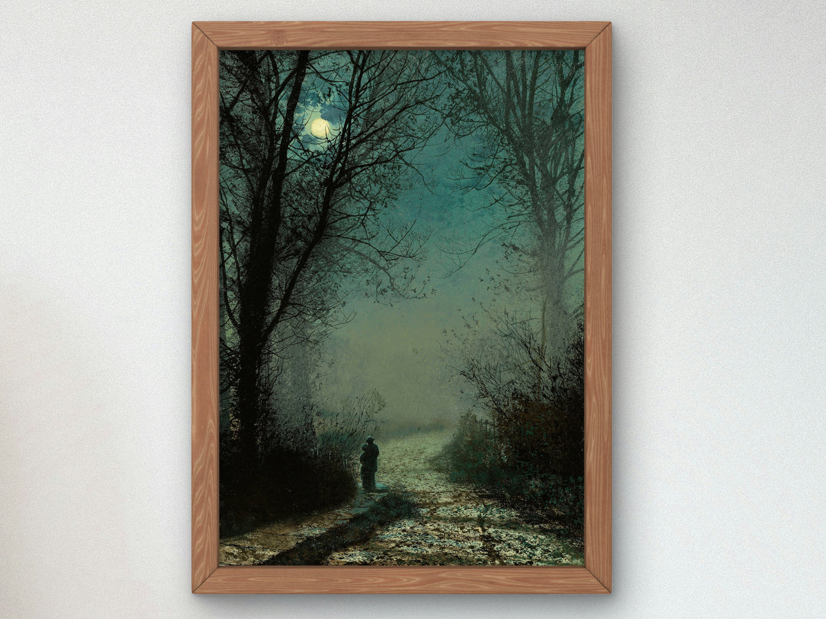 Lovers on a Moonlit Lane by John Atkinson Grimshaw 1873, Wall Art Print, Fine Art Reproduction, Museum Quality Decor, Poster