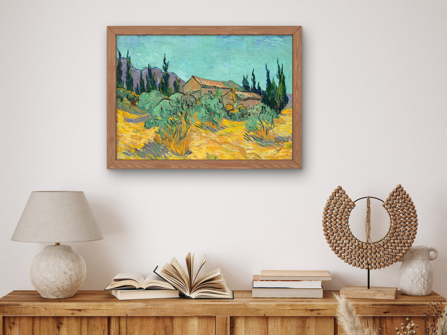 Cabanes de bois parmi les oliviers et cyprès by Vincent van Gogh 1889, Wall Art Print, Fine Art Reproduction, Museum Quality Decor, Poster