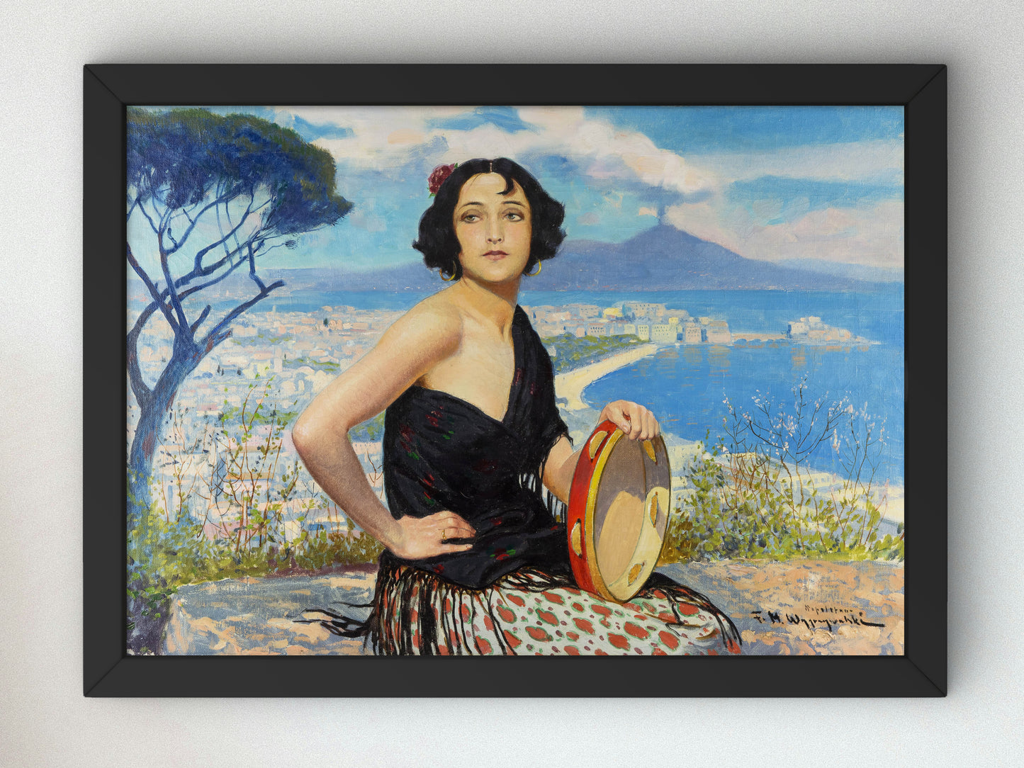 Woman Against the Backdrop of Naples by Feliks Michał Wygrzywalski, Wall Art Print, Fine Art Reproduction, Museum Quality Decor, Poster