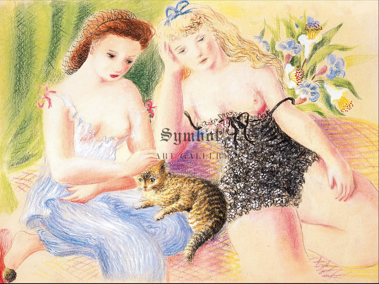 Two Women and a Cat by Ofelia Marques, Wall Art Print, Fine Art Reproduction, Museum Quality Decor, Poster