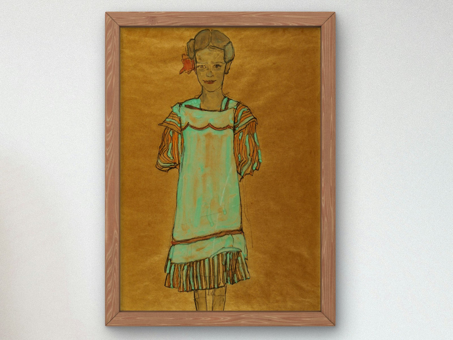 Standing Girl in Green Dress with Red Bow by Egon Schiele 1910, Wall Art Print, Fine Art Reproduction, Museum Quality Decor, Poster