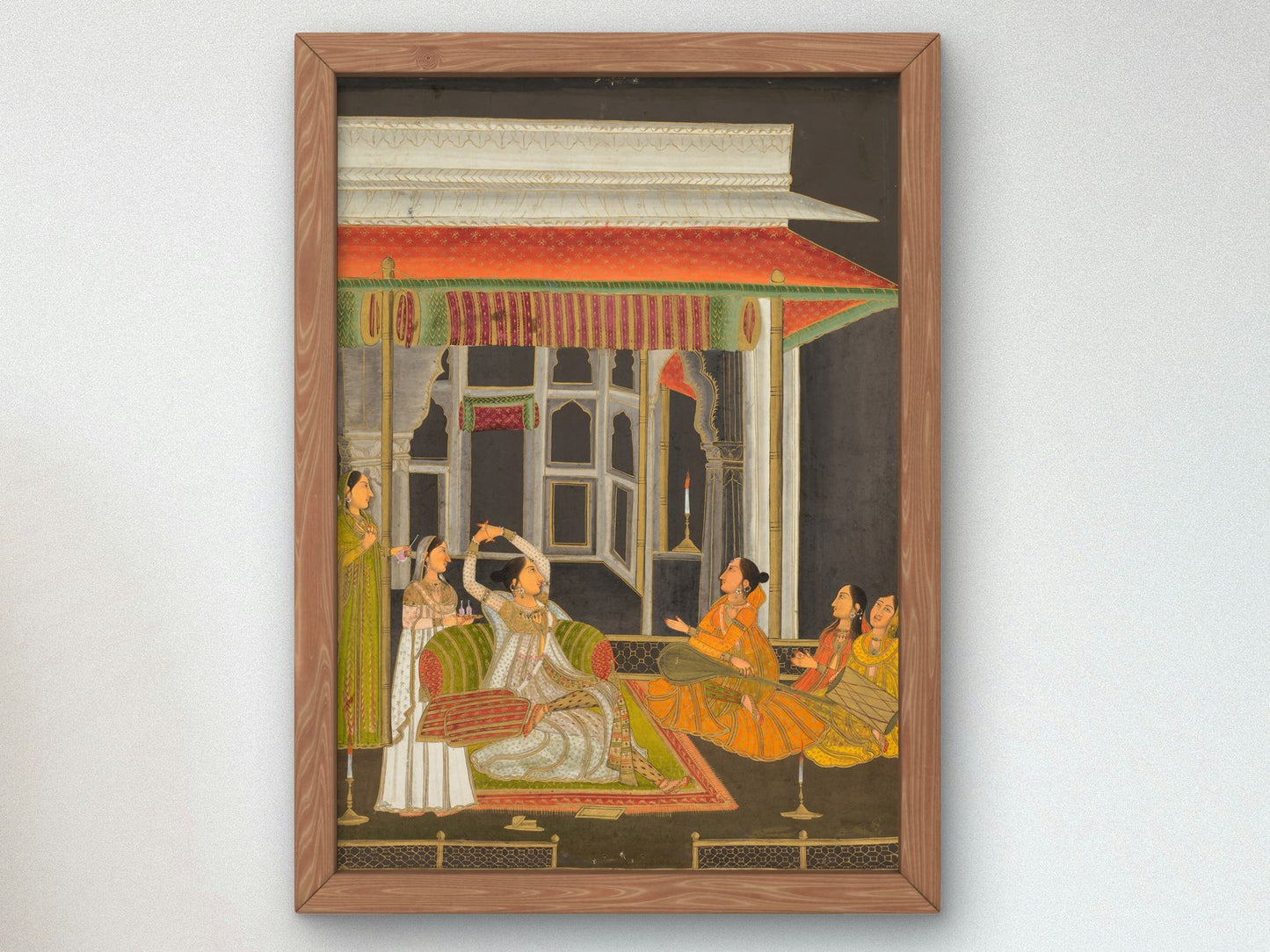 A Princess on a Terrace with Attendants at Night by Unknown Mughal School 1760, Wall Art Print, Fine Art Reproduction, Museum Quality Decor