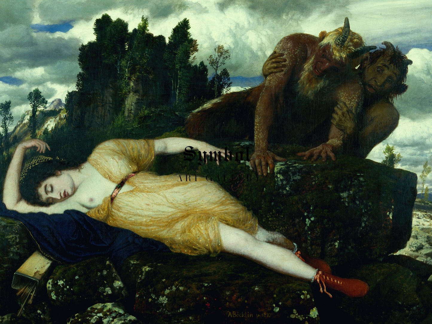 Sleeping Diana Watched by Two Fauns by Arnold Böcklin 1877, Wall Art Print, Fine Art Reproduction, Museum Quality Decor, Poster
