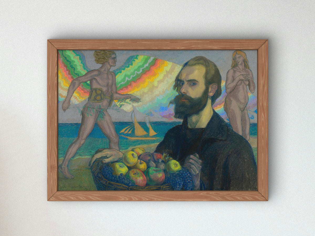 Self Portrait with a Basket of Fruit against the Sea by Jan Rembowski 1918, Wall Art Print, Fine Art Reproduction, Museum Quality Decor