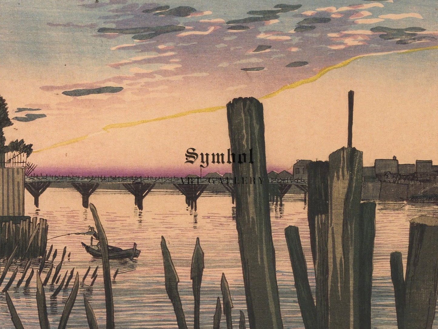 Breakwater Stakes and Ryogoku Bridge by Kobayashi Kiyochika, 1880, Japanese Woodblock Prints, fine art print
