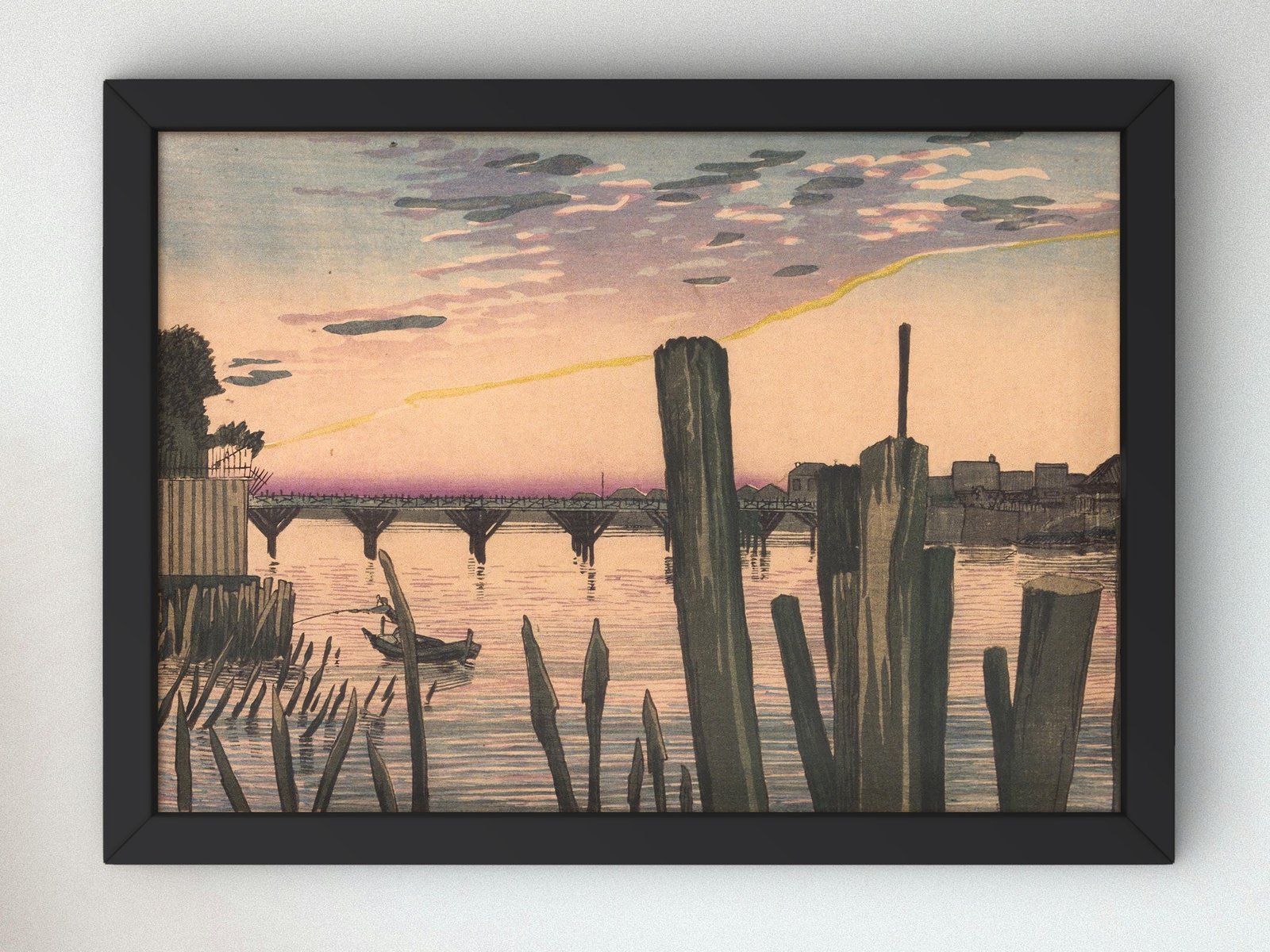 Breakwater Stakes and Ryogoku Bridge by Kobayashi Kiyochika, 1880, Japanese Woodblock Prints, fine art print