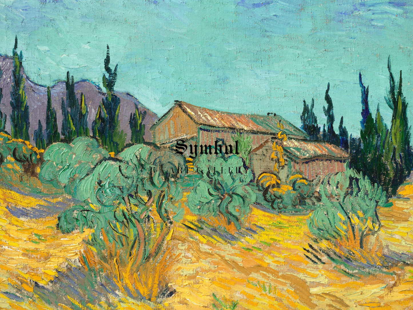 Cabanes de bois parmi les oliviers et cyprès by Vincent van Gogh 1889, Wall Art Print, Fine Art Reproduction, Museum Quality Decor, Poster