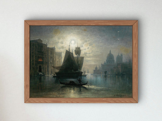Venice the Grand Canal in the Moonlight by Karl Heilmayer 1892, Wall Art Print, Fine Art Reproduction, Museum Quality Decor, Poster