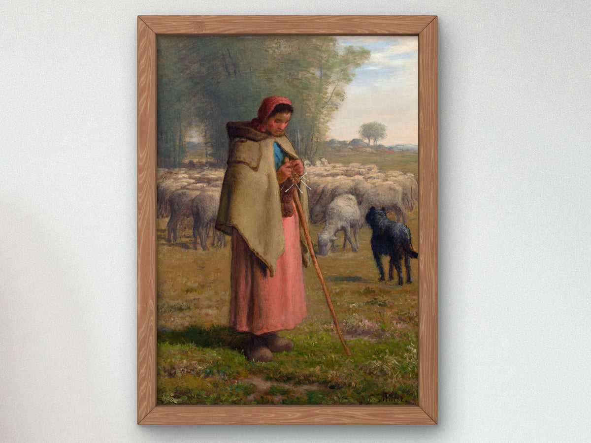 Young Girl Guarding Her Sheep by Jean Francois Millet 1860, Wall Art Print, Fine Art Reproduction, Museum Quality Decor, Poster