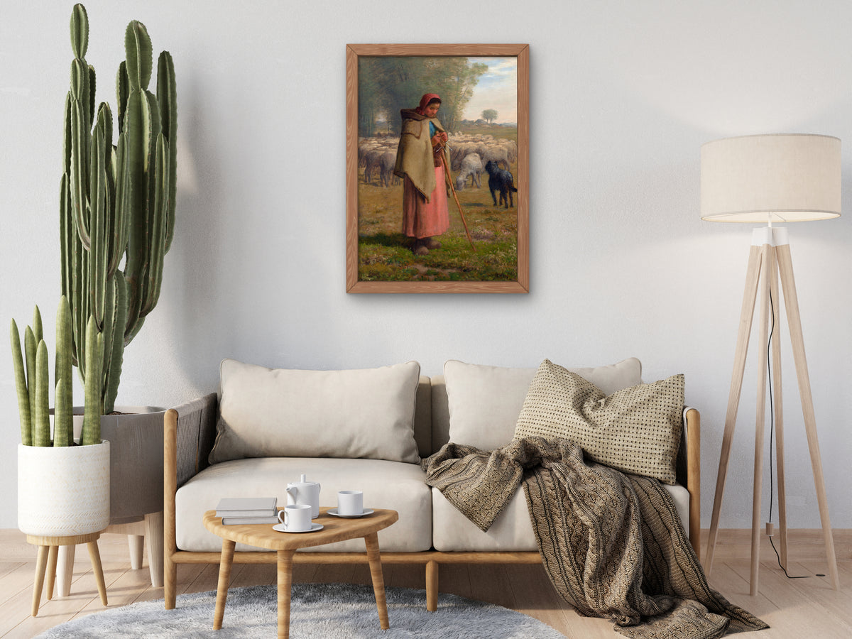Young Girl Guarding Her Sheep by Jean Francois Millet 1860, Wall Art Print, Fine Art Reproduction, Museum Quality Decor, Poster