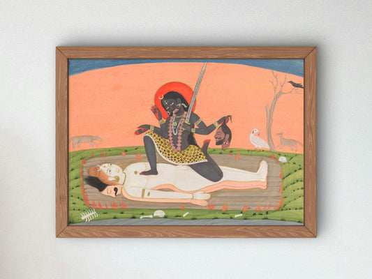 Kali on Shiva from a Tantric Devi Series by Unknown Indian artist 1810, Wall Art Print, Fine Art Reproduction, Museum Quality Decor, Poster