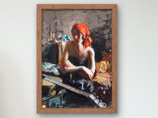 Woman With Guitar by Eugenio Viti, Wall Art Print, Fine Art Reproduction, Museum Quality Decor, Poster