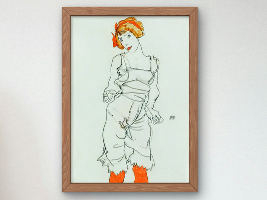 Woman in Underclothes and Stockings by Egon Schiele 1913, Wall Art Print, Fine Art Reproduction, Museum Quality Decor, Poster