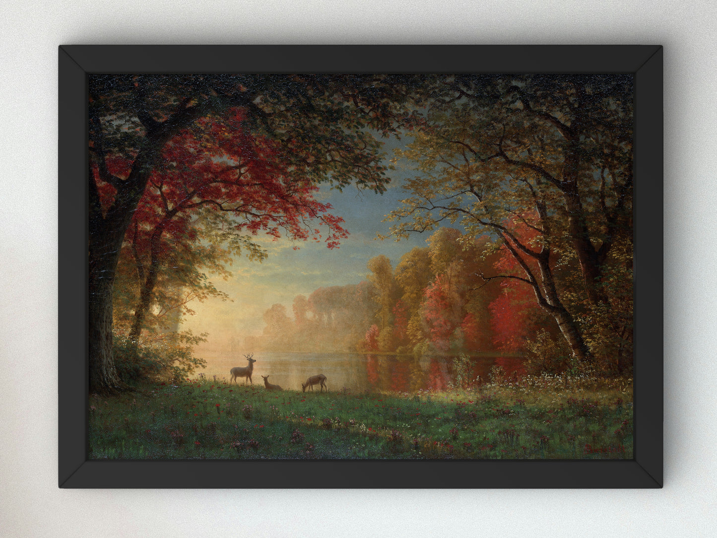Indian Sunset, Deer by a Lake by Albert Bierstadt, Wall Art Print, Fine Art Reproduction, Museum Quality Decor, Poster