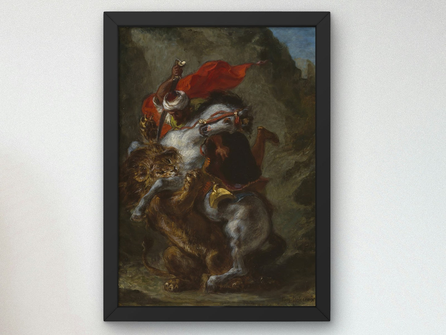 Arab Horseman Attacked by a Lion by Eugène Delacroix 1849, Wall Art Print, Fine Art Reproduction, Museum Quality Decor, Poster