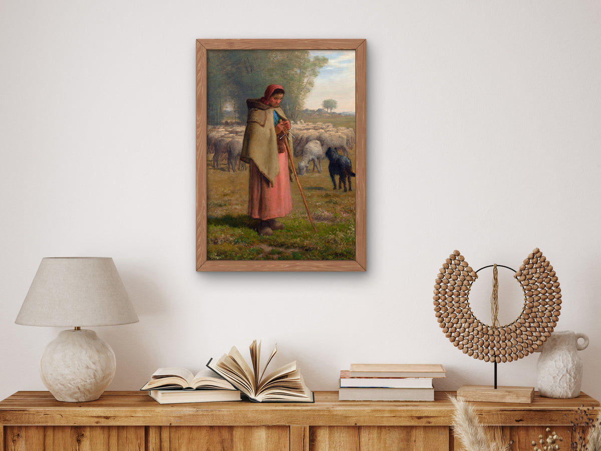 Young Girl Guarding Her Sheep by Jean Francois Millet 1860, Wall Art Print, Fine Art Reproduction, Museum Quality Decor, Poster
